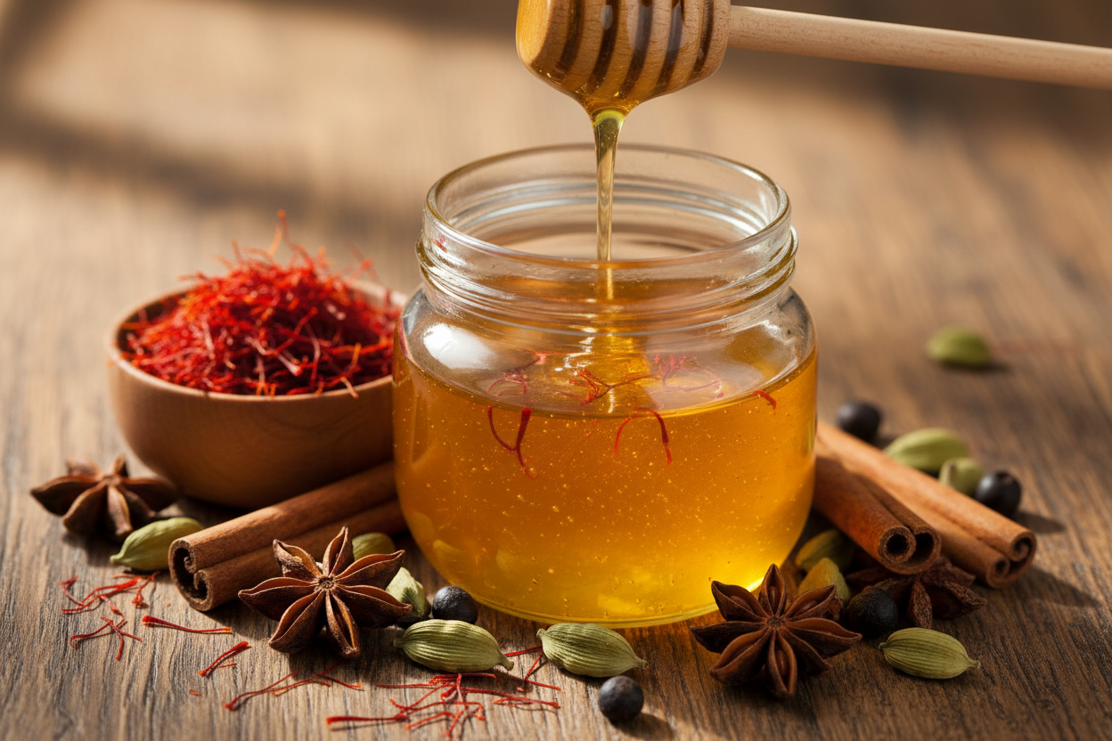 Pure golden honey blended with aromatic spices for a rich, natural taste.